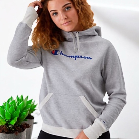 Champion Women's Powerblend Fleece Script Pullover Hoodie In Gray - Picture 2 of 16